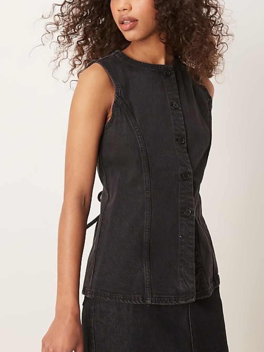 Abercrombie & Fitch Black Sleeveless Button-Front Denim Top